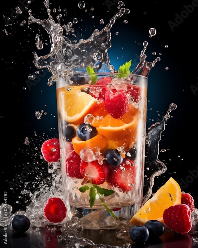 A fresh fruit in a glass of water with water splash on black background.