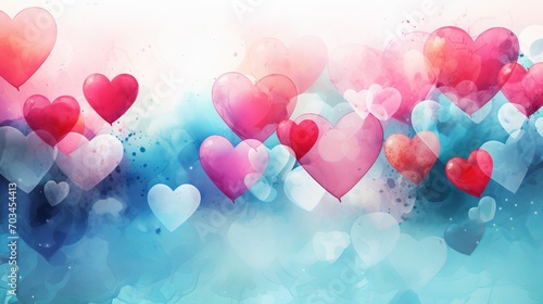 Colorful Watercolor Hearts Floating on Blue Background