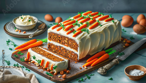 Easter carrot cake decorated with cream cheese  and mini marzipan carrots photo