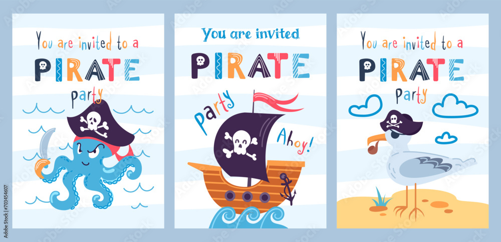 Set party invitation template. Cartoon pirate ship, seagull sailor and octopus- robber. Black flag, Jolly Roger. Skull and Bones. Vector illustration for game design, cards, childrens board game, book