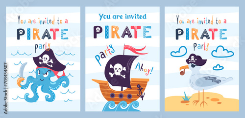Set party invitation template. Cartoon pirate ship, seagull sailor and octopus- robber. Black flag, Jolly Roger. Skull and Bones. Vector illustration for game design, cards, childrens board game, book