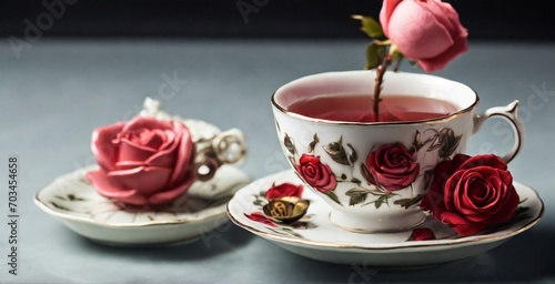 cup of tea and rose petals cup, tea, coffee, drink, flower, rose, white, breakfast, beverage, pink, red, flowers, hot, food, 