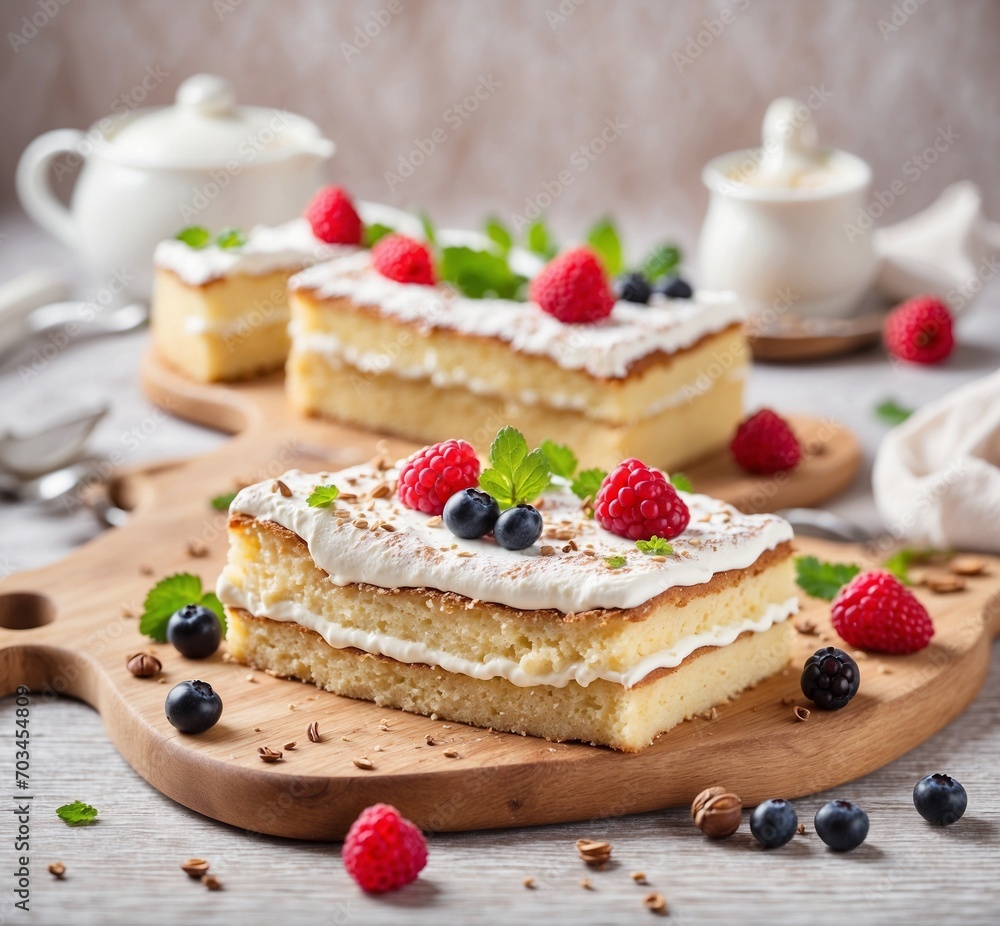 Cake with raspberries and blueberries on a wooden board Cake with raspberries and blueberries on a wooden board