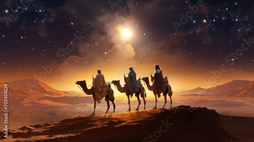 Three wise men on camels  nativity scene with star of bethlehem  christian christmas concept     birth of jesus  salvation  messiah  emmanuel  god with us  night background  