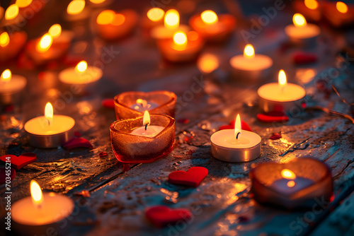 A warm and cozy background with an arrangement of softly glowing candles in heart shapes