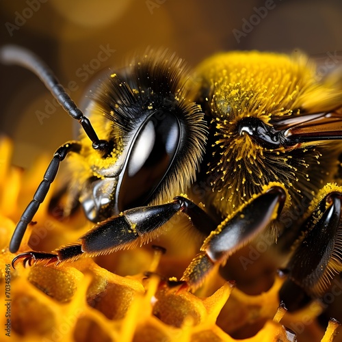 Close up photo of beautiful Bumblebee on the pollenม ai generative