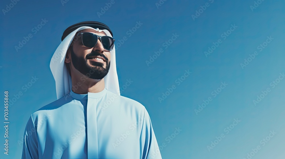 Arab businessman in Dubai, one color background, copy space with generative ai Arab businessman in Dubai, one color background, copy space with generative ai