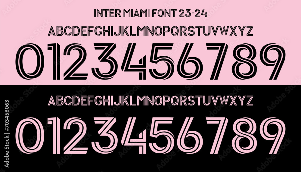 Fototapeta premium inter miami font. font vector team 2023 kit sport style font. football style font. sports style letters and numbers for soccer team. messi