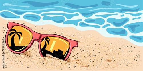 glasses on beach sand and sea background, vector illustration