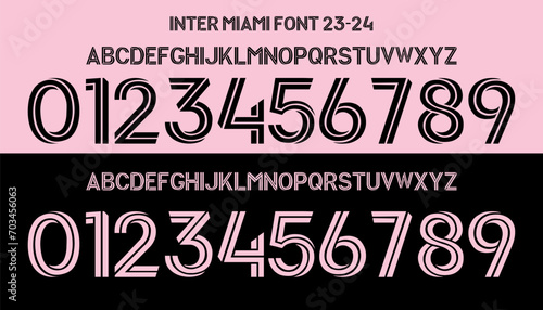 inter miami font. font vector team 2023 kit sport style font. football style font. sports style letters and numbers for soccer team. messi photo