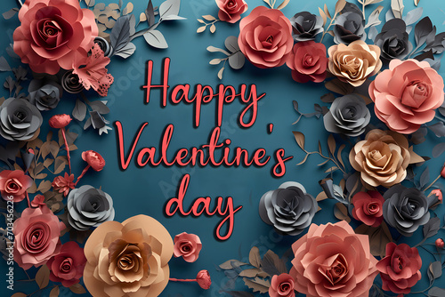  An artistic background with paper cutout-style typography ''Happy Valentine's Day'' surrounded by roses and floral elements