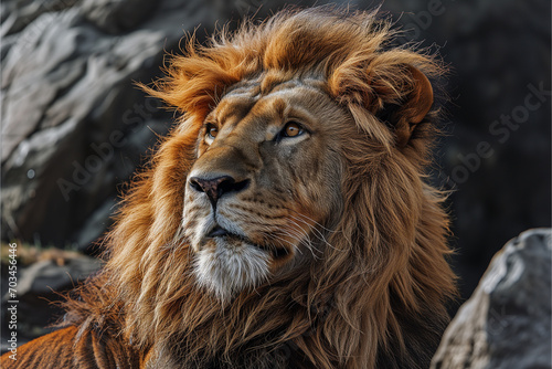 Wild Lion in the Natural African Savannah Full of Rocks and in a Majestic Pose of the Animal King