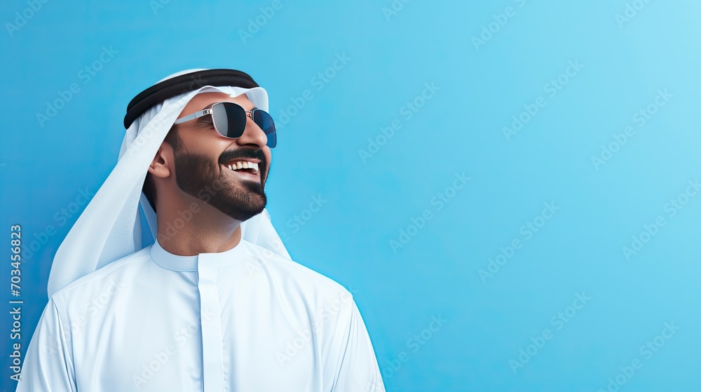 Obraz premium Arab businessman in Dubai, one color background, copy space with generative ai