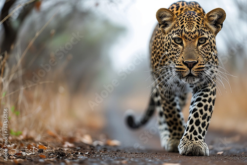 Wild Leopard Walking in the Savannah Nature Steppes Full of Bushes and Trees
