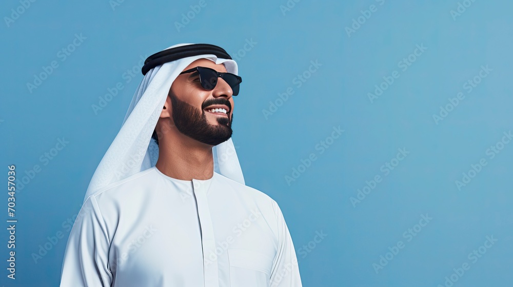 Arab businessman in Dubai, one color background, copy space with generative ai Arab businessman in Dubai, one color background, copy space with generative ai