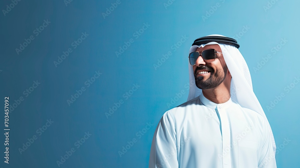 Arab businessman in Dubai, one color background, copy space with generative ai Arab businessman in Dubai, one color background, copy space with generative ai