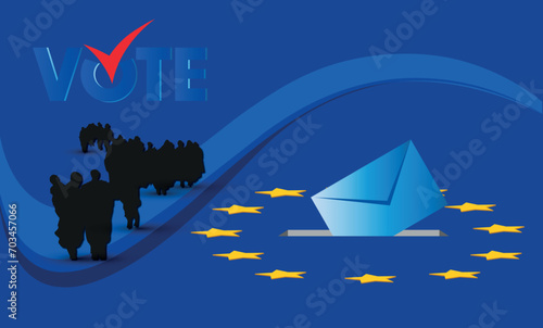European elections, Voting, Vote Text with checkmark. EU Elections 2024. Cut out Silhouette of refugees fleeing. ballot box and ballots, letter on blue European union Flag Background