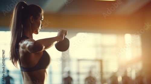 Woman powerlifting: close-up of intense workout with kettlebell dumbbells in fitness club gym – lifestyle and bodybuilding exercise