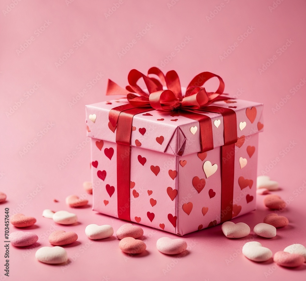 Valentine's day gift box with hearts on pink background.