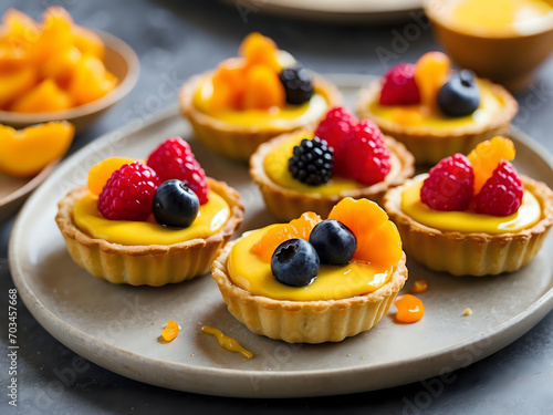 Mini tartlets with tangy turmeric custard filling, topped with colorful fruit and a brush of apricot glaze.