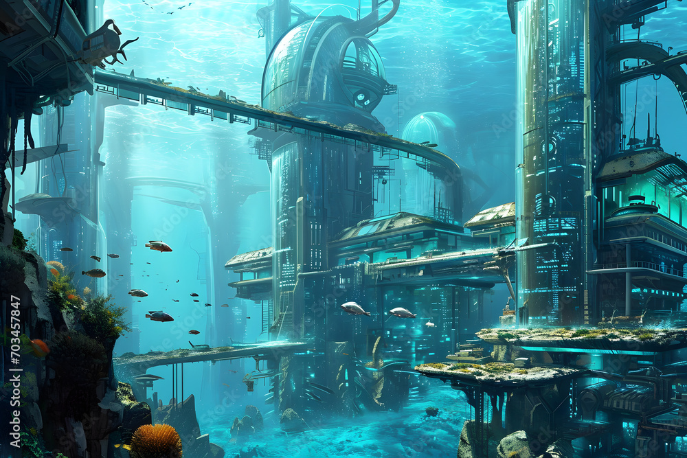 A Submerged Cityscape Featuring Sleek Architecture and Cutting-Edge Marine-Inspired Technology Aquatic Metropolis A Submerged Cityscape Featuring Sleek Architecture and Cutting-Edge Marine-Inspired Technology Aquatic Metropolis