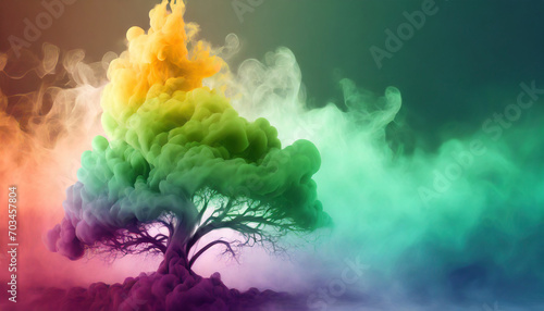 Gradient colorful colored smoke abstract background in the shape of a tree, copy space
