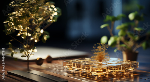 Golden Digital Tree Growing On Keyboard Representing Technology and Nature Fusion
