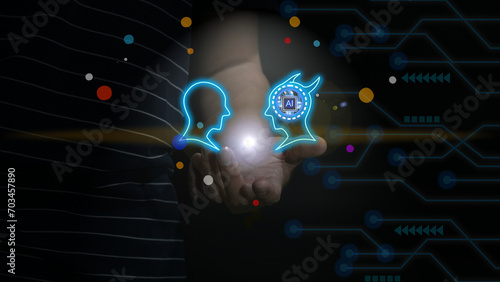 AI business learning. Artificial Intelligence AI Chat and New Information Technology.  Ai technology, Generative AI in hand. Man using technology smart robot. Futuristic Infographic Transformation.