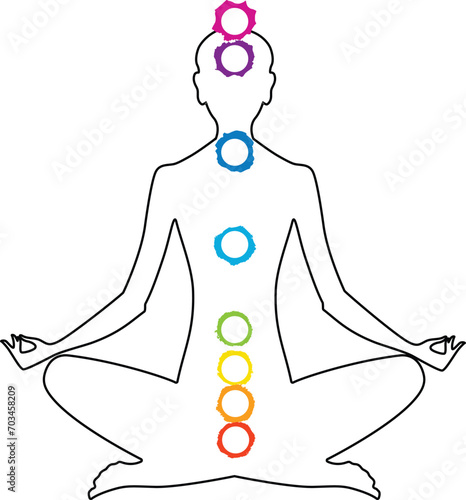 Female body in lotus position with colored circles of chakras as a symbol of female spiritual and health. Aura and yoga. Aura and yoga. Vector illustration, isolated on white background