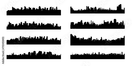 set of city skyline silhouette - transparent background - isolated - vast wide panoramic city buildings photo