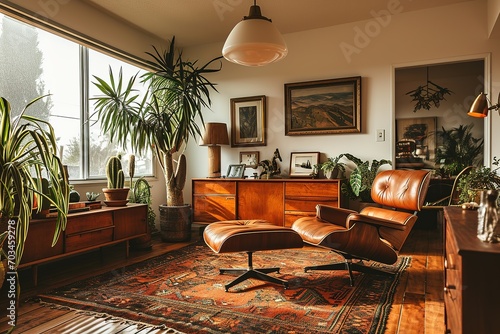 A mid-century modern living room with a teak wood sideboard, a retro patterned rug, an Eames lounge chair, and a statement pendant light
