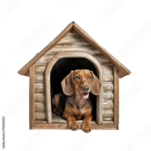 Funny puppy or dog in a wooden doghouse isolated on a transparent background. PNG file. 