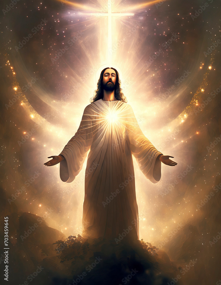 Jesus Christ with golden rays of light in the background. Jesus Christ with golden rays of light in the background.