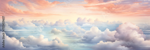 Watercolor cloudy sky. Long banner illustration.