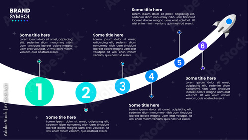 Infographic template. Space rocket with line and 6 steps photo