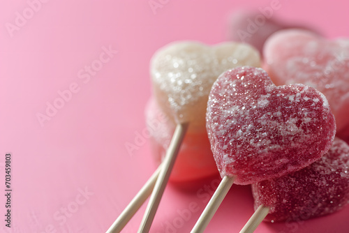 Heart-Shaped Candy on a Stick against a Pink Background, Setting the Stage for Valentine's Day Celebration with Ample Copy Space Sweet Romance