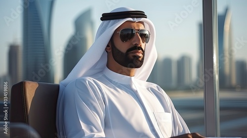 Arab businessman in Dubai, one color background, copy space with generative ai © ImronDesign