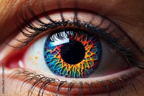 Human eye wearing colorful patterned contact lenses. Concepts: beauty industry, cosmetics, care, ophthalmology, medicine, vision