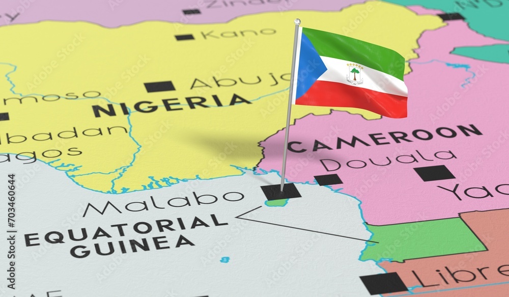 Naklejka premium Equatorial Guinea, Malabo - national flag pinned on political map - 3D illustration
