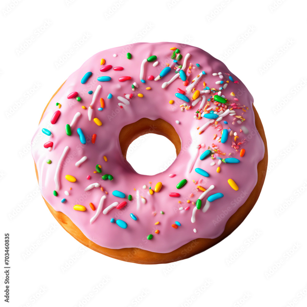 Rosquinha com cobertura rosa e confetes coloridos visto de cima, isolado em fundo transparente. Rosquinha com cobertura rosa e confetes coloridos visto de cima, isolado em fundo transparente.
