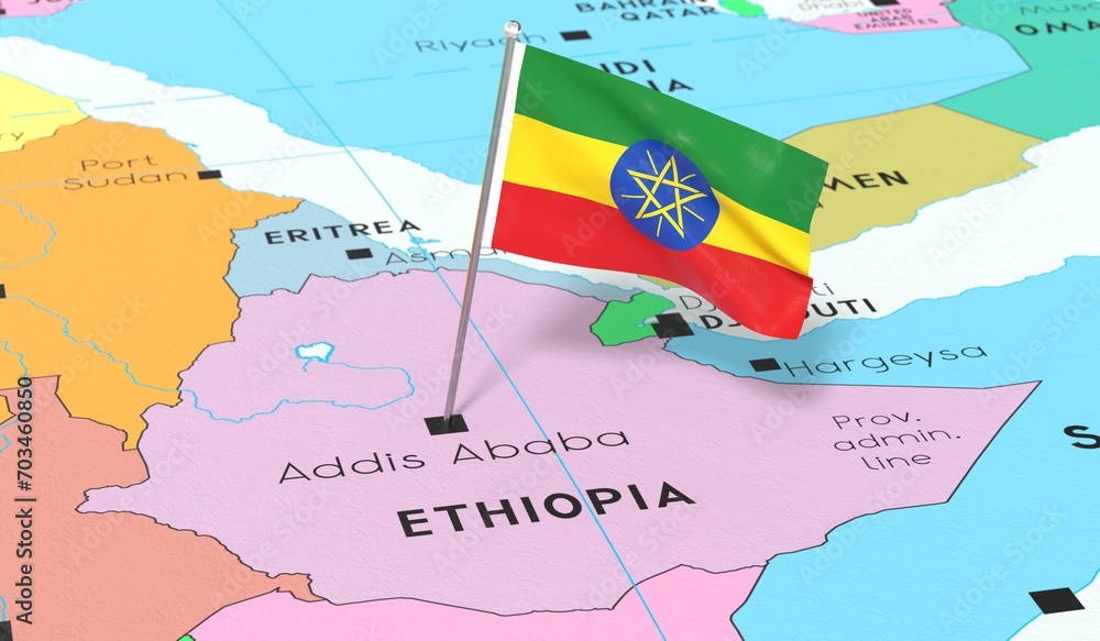 Ethiopia, Addis Ababa - national flag pinned on political map - 3D ...