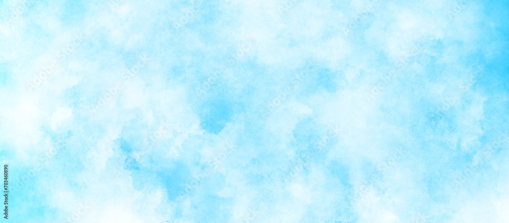 Grunge sky blue soft painted watercolor paint splash and stains, painted mottled blue background with vintage blue paper texture, White Cloud and Blue Sky clouds, Turquoise color handmade watercolor.