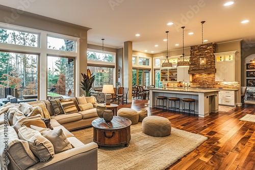 Beautiful living room interior in new luxury home with open concept floor plan. © Azar
