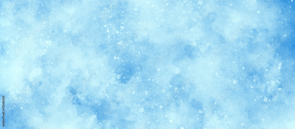 Blue watercolor painting on winter seasonal morning texture, sunshine or sparkling lights and glittering glow winter morning of snow falling background, abstract bokeh glitter background on blue.