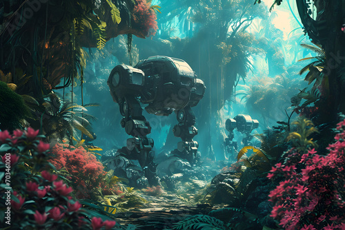 Robotic animals in a lush, vibrant jungle with a futuristic twist