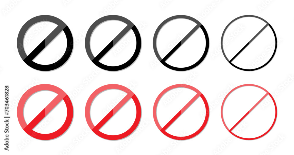 Set of ban symbol in black and red color in glossy style. Stop, ban, forbidden signs. Red no or prohibited symbol. Vector illustration Set of ban symbol in black and red color in glossy style. Stop, ban, forbidden signs. Red no or prohibited symbol. Vector illustration