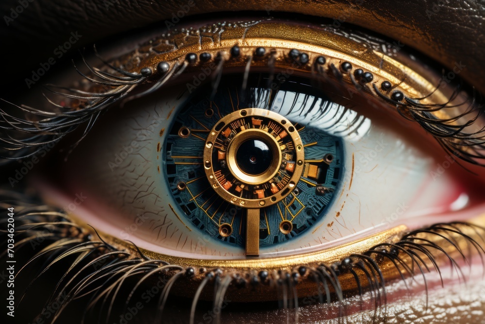 Human eye with artificial mechanical pupil, steampunk style, extreme close up. Concepts: transhumanism, ophthalmology, vision correction, contact lenses, androids