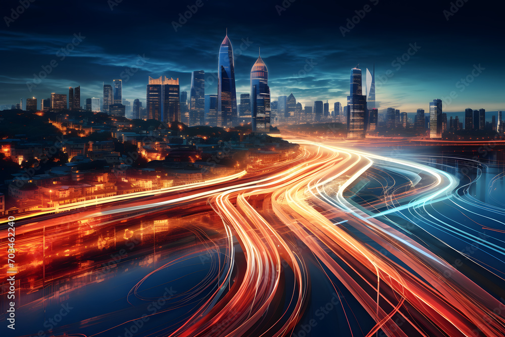 Aerial view of big city road or highway at night