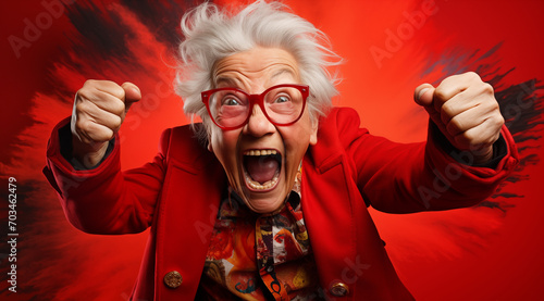 Le cri d'une vieille femme portant des lunettes, arrière-plan rouge