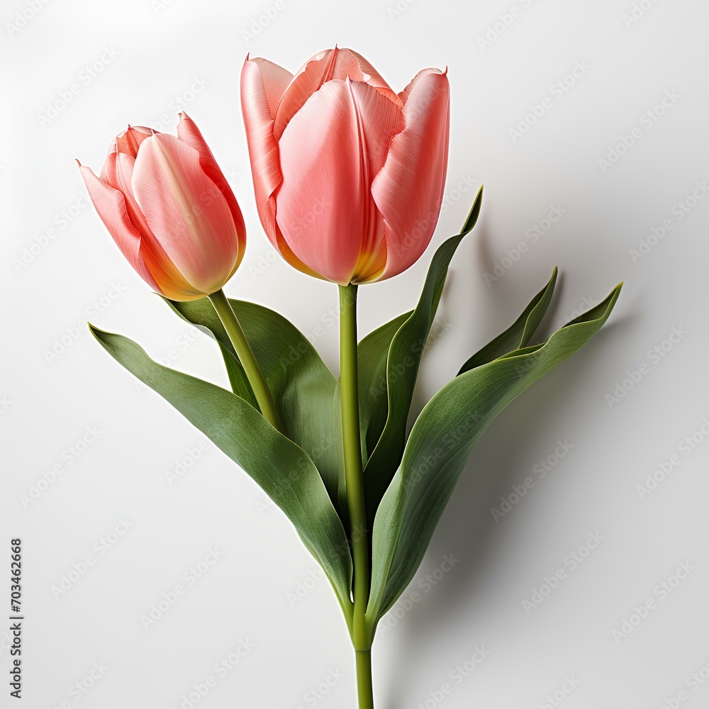Fototapeta premium tulip on a white background with shadow. pink tulip isolated. spring time flower blooming. multicoloured tulip. tulip with long stem isolated